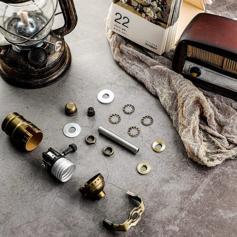 Two Pack Floor Lamp Repair Kit With 12 Foot Cords And 3 Way Socket Copper Plated Hardware components displayed on tabletop