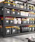 Heavy Duty 68.3 Inch Wide Garage Shelving Rack For Shop Storage, 72 Inch High, 23.4 Inch Deep Shelves To Fit Large Totes And Pallets, Space Saving Industrial Steel Shelves For Tools, Boxes, And Bins loaded with labeled totes and tires in a garage