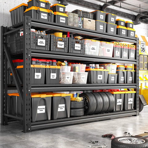 Heavy Duty 68.3 Inch Wide Garage Shelving Rack For Shop Storage, 72 Inch High, 23.4 Inch Deep Shelves To Fit Large Totes And Pallets, Space Saving Industrial Steel Shelves For Tools, Boxes, And Bins loaded with labeled totes and tires in a garage