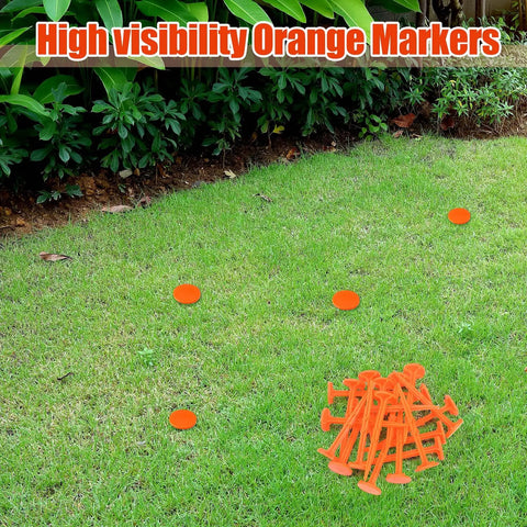 20 Pack 5 Inch Low Profile Survey Markers High Visibility Orange Yard Stakes spread on lawn for precise lot marking