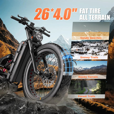 Built Different 3000W Electric Bike Rolling At 42 MPH With 100 To 200 Mile Range Powered By 60V 70Ah Battery Featuring 26 Inch Fat Tires And Full Suspension For Adult Riders, showcasing 26x4.0 inch fat tires for all terrain.