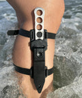 Beefed-Up Dive Knife With Sheath And Leg Strap on thigh, 440 stainless fixed blade, corrosion resistant, used in ocean water