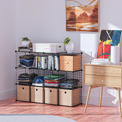 Dope Freely Combinable Wire Cube Storage Organizer Shelf 6 Cube System with books and clothes in a bright room.