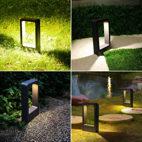 LED Landscape Path Lights Outdoor Waterproof Aluminum Garden Accent Lamps illuminating driveway and pathway in garden setting.