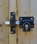 Long Throw Gate Lock For Sheds And Fences With Euro Profile Keyed Both Sides, 316 Stainless Steel Black Finish on wooden gate