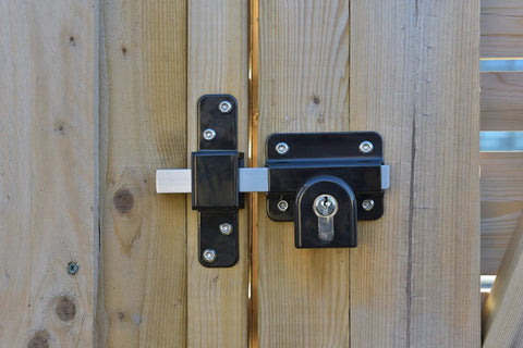 Long Throw Gate Lock For Sheds And Fences With Euro Profile Keyed Both Sides, 316 Stainless Steel Black Finish on wooden gate