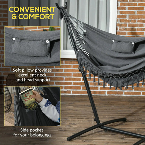 Patio Hammock Chair With Stand For Outdoor Chill And Cozy Lounging Heavy Duty Hanging Swing With Side Pocket And Headrest