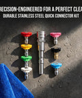 Save Time On Yard Work With This Straight Up Stainless Steel Pressure Washer Quick Connect Coupler Featuring A Super Fast Quarter Inch Male Garden Hose Adapter That Snaps On Tight To Any High Pressure Car Wash Gun, showing durable quick connector kit.