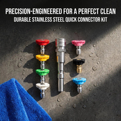 Save Time On Yard Work With This Straight Up Stainless Steel Pressure Washer Quick Connect Coupler Featuring A Super Fast Quarter Inch Male Garden Hose Adapter That Snaps On Tight To Any High Pressure Car Wash Gun, showing durable quick connector kit.