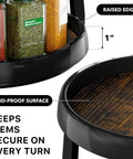Close-up view of Two Tier Lazy Susan Spice Organizer For Cabinets And Pantries with skid-proof surface and raised edge details.