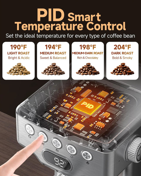 PID temperature control on 58mm Espresso Machine With PID Temperature Control And Built In Pressure Gauge For Light To Dark Roast Beans, Pro Home Barista Grade 10mm Steam Wand