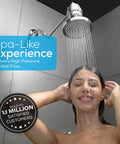 SparkPod chrome shower head, 6-inch round rainfall-style, overhead mount.