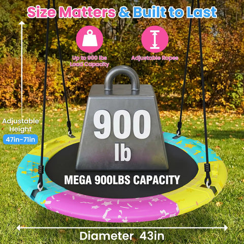 All Weather Saucer Swing For Kids And Grownups, 43 Inch with 900 lb weight capacity shown on vibrant swing mat.