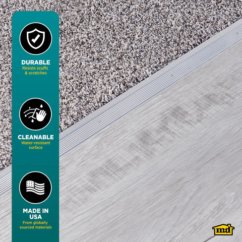 Durable Aluminum Carpet Trim Built To Last One And Three Eighths Inch By Thirty Six Inch Silver with pre-drilled holes shown in hallway installation