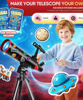 Child using a beginner friendly telescope for kids and families with 80mm aperture, including fun space stickers and accessories.