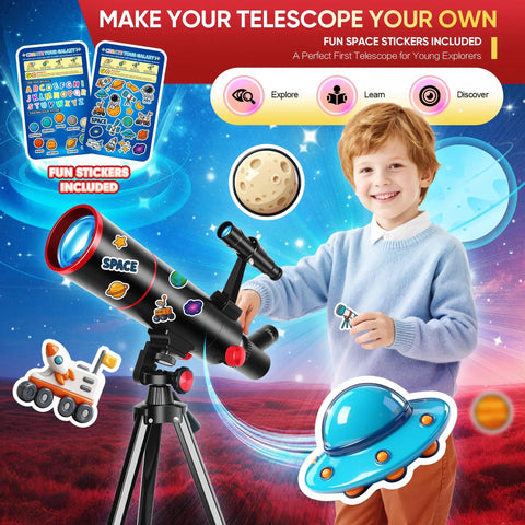 Child using a beginner friendly telescope for kids and families with 80mm aperture, including fun space stickers and accessories.