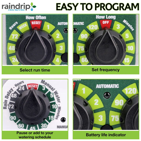 Analog Three Dial Sprinkler Timer With Rain Delay for Drip Irrigation detailing controls for run time, frequency, and rain delay.