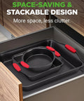 Deluxe Nonstick Bakeware Set 8 Piece Kitchen Pan Collection with red silicone handles stacked in a drawer
