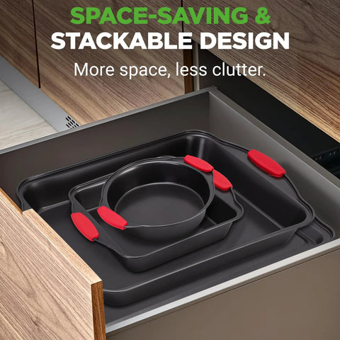 Deluxe Nonstick Bakeware Set 8 Piece Kitchen Pan Collection with red silicone handles stacked in a drawer