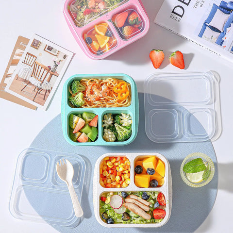 Kids Bento Box Set 4 Pack With 3 Compartments For Meal Prep, Reusable Lunch Containers With Lids and food displayed on table