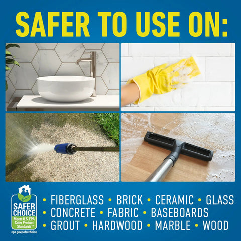 Hella Tough On Stubborn Mold And Mildew Stains Pack Of Two 32 Oz Bleach Free Spray Bottles shown on various surfaces like tile and glass.