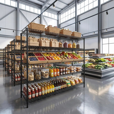 Beefed Up Heavy Duty Storage Shelves With Adjustable Height, 3200 Lb Capacity, 55.5 Inch Wide By 18 Inch Deep By 71 Inch High Industrial Shelving For Garage, Warehouse, Kitchen And Office, Maximizes Vertical Space And Cuts Storage Costs. Black metal shelving stocked with baskets, boxes, jars, fruit, and bottles in a store.
