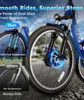 Three Wheel Electric Tricycle For Adults And Seniors With Dual Parking Brakes And Dual Disc Brakes, All Weather Safe Trike With Stable Frame And Comfortable Seat, No Fuss Easy Step Through Design For Quick Mount And Confident Rides front wheel suspension detail