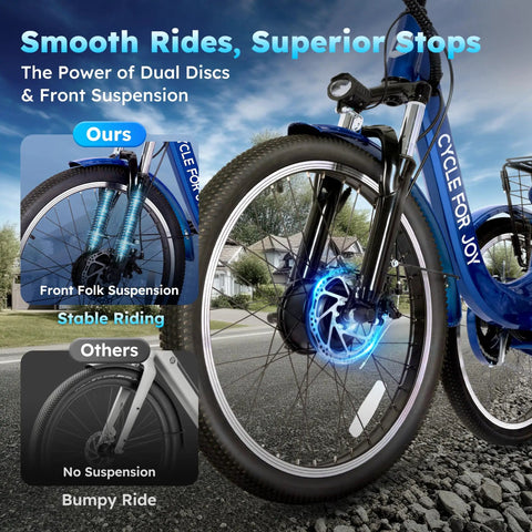 Three Wheel Electric Tricycle For Adults And Seniors With Dual Parking Brakes And Dual Disc Brakes, All Weather Safe Trike With Stable Frame And Comfortable Seat, No Fuss Easy Step Through Design For Quick Mount And Confident Rides front wheel suspension detail