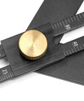 Close-up of Sturdy Aluminum Angle Finder And Miter Bevel Gauge For Woodworkers with laser scale and brass knob for easy adjustments.