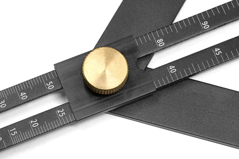 Close-up of Sturdy Aluminum Angle Finder And Miter Bevel Gauge For Woodworkers with laser scale and brass knob for easy adjustments.