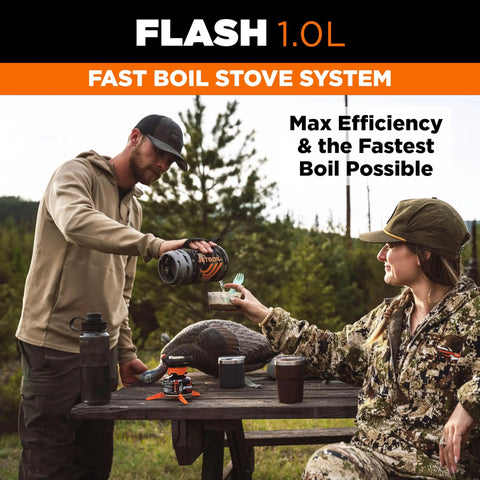 Two campers using Fast Boil Camping Stove With One Step Auto Ignition For Backpacking 1.0L Portable Propane Isobutane Burner.