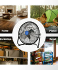 Heavy Duty 12 Inch Metal Floor Fan Built to Last With 3 Speed Powerful Airflow One Twelfth HP Motor Adjustable Tilt Quiet Operation Under 50 dBA Industrial Fan For Home Garage Workshop Warehouse in center with uses in home, picnic, workshop, and retail settings.