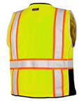 Rock Solid Heavy Duty Reflective Safety Vest Designed For Road Crews And Night Shift Workers Featuring Kickass Ansi Class Two Visibility Cool Airflow Mesh Fabric Six Utility Storage Pockets And Bold Orange Contrast Edging In Extra Large back view of bright yellow vest with reflective strips