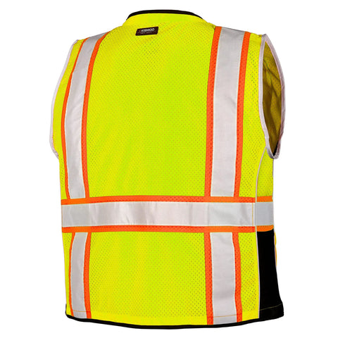 Rock Solid Heavy Duty Reflective Safety Vest Designed For Road Crews And Night Shift Workers Featuring Kickass Ansi Class Two Visibility Cool Airflow Mesh Fabric Six Utility Storage Pockets And Bold Orange Contrast Edging In Extra Large back view of bright yellow vest with reflective strips
