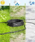Outdoor Extension Cord Splitter With Triple Outlets, Weatherproof 40 Ft Total Length, coiled on grass in various weather conditions