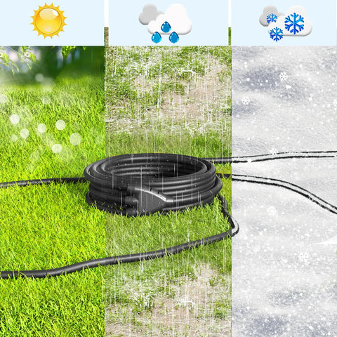 Outdoor Extension Cord Splitter With Triple Outlets, Weatherproof 40 Ft Total Length, coiled on grass in various weather conditions