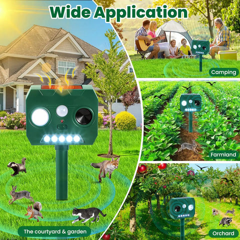 Outdoor Ultrasonic Animal Repellent 2 Pack With PIR Motion Sensor And LED Flash, waterproof stake in garden