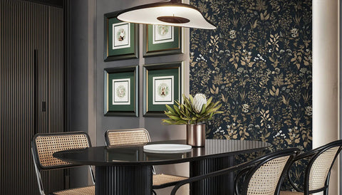 Dining room with Black And Gold Delicate Floral Peel And Stick Wallpaper 236x16.1 Inches Waterproof Vinyl Self Adhesive Removable