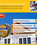 Heavy Duty Clear Insulation Seam Tape 2 Inch X 164 Feet Acrylic Adhesive Roll placed on wall sheathing for outdoor use.
