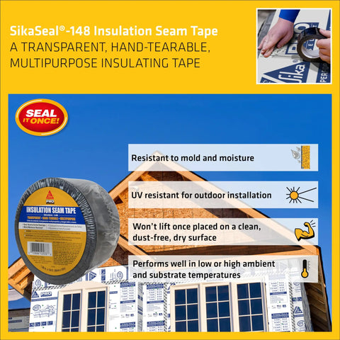 Heavy Duty Clear Insulation Seam Tape 2 Inch X 164 Feet Acrylic Adhesive Roll placed on wall sheathing for outdoor use.
