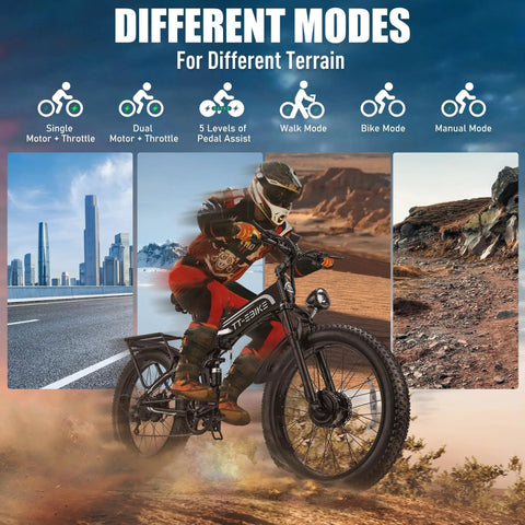 Rider on Badass 9000W Dual Motor Fat Tire Ebike For Adults showcasing different modes and terrains