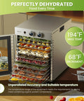 Top Shelf Food Dehydrator Machine With Twelve Stainless Steel Trays And Digital Timer, loaded with fruits and meats.