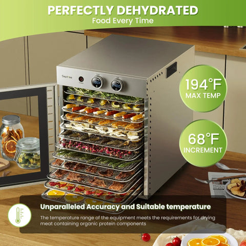 Top Shelf Food Dehydrator Machine With Twelve Stainless Steel Trays And Digital Timer, loaded with fruits and meats.
