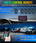Diagram showing RGB 8 Gang Dual Control Switch Panel With RF Remote 230Ft Range for off-road rigs and vehicles.