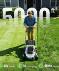 Cordless 13 Inch Lawn Mower With 40V Battery, Walk Behind Electric Lawn Tool For Small Yards, Gardens And Patios, 5 Height Adjustable Cutting Deck From 25mm To 75mm, Lightweight, Easy Start, No Gas, shown mowing a home lawn