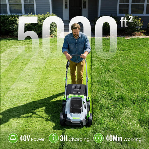 Cordless 13 Inch Lawn Mower With 40V Battery, Walk Behind Electric Lawn Tool For Small Yards, Gardens And Patios, 5 Height Adjustable Cutting Deck From 25mm To 75mm, Lightweight, Easy Start, No Gas, shown mowing a home lawn