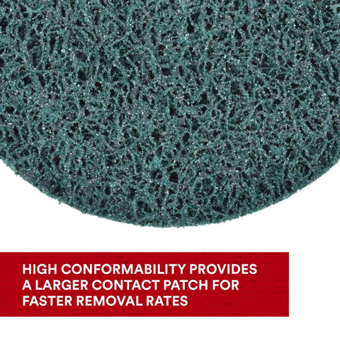 Close-up of green Type 27 XT Pro Extra Cut Disc For Heavy Duty Metal Stripping And Surface Prep With Aluminum Oxide Abrasive.