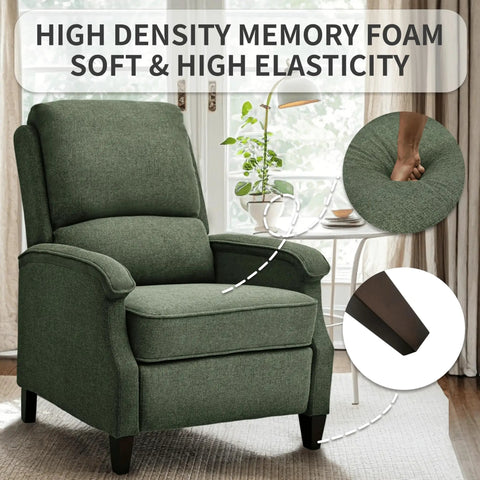Green Fabric Recliner Chair With Soft Armrests, Adjustable Push Back, And Lumbar Support featuring high density memory foam.