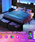 Black Queen Bed Frame Featuring Integrated Led Lights And Convenient Charging Station With Two Smooth Gliding Storage Drawers for a serene bedroom setting.