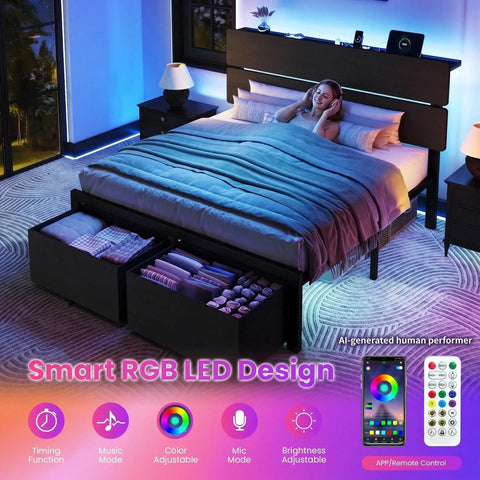 Black Queen Bed Frame Featuring Integrated Led Lights And Convenient Charging Station With Two Smooth Gliding Storage Drawers for a serene bedroom setting.